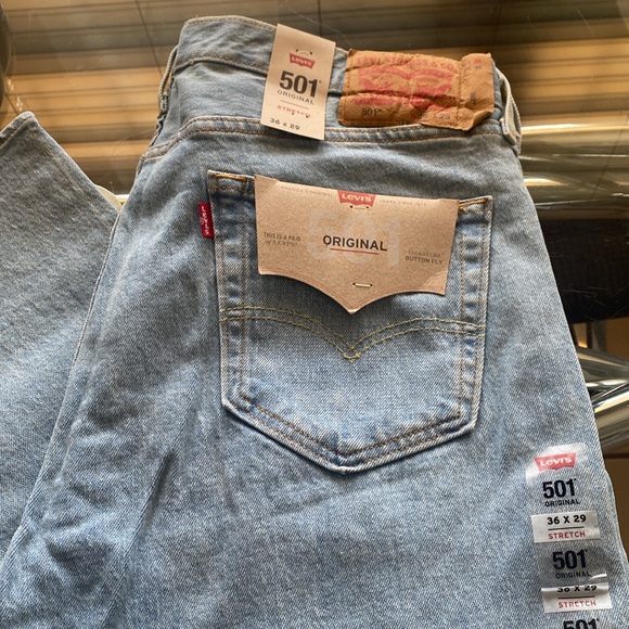 **LEVI’S** Levis 501 Jeans Mens 36x29 Light Wash Straight Leg Button Fly Stretch - Picture 9 of 15